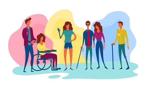 Ilustración artística con colores vibrantes, mostrando una escena de personas con diferentes discapacidades disfrutando del espacio